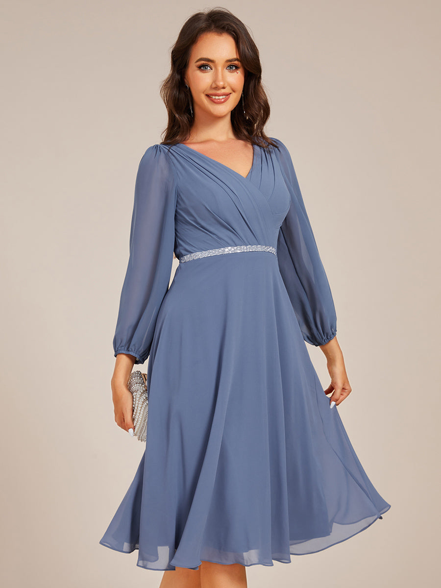 Color=Dusty Navy | Elegant Midi Length Long Lantern Sleeves Chiffon Wedding Guest Dresses-Dusty Navy 1