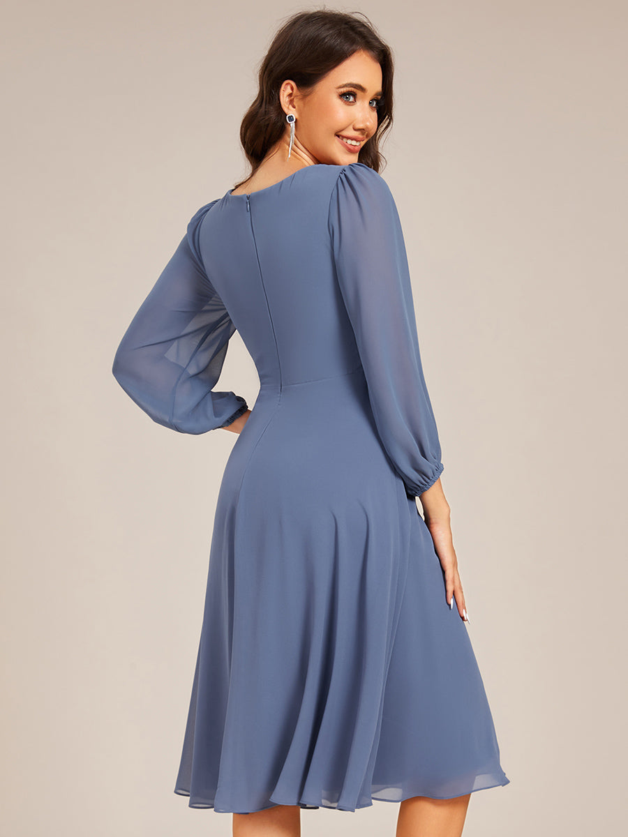 Color=Dusty Navy | Elegant Midi Length Long Lantern Sleeves Chiffon Wedding Guest Dresses-Dusty Navy 2