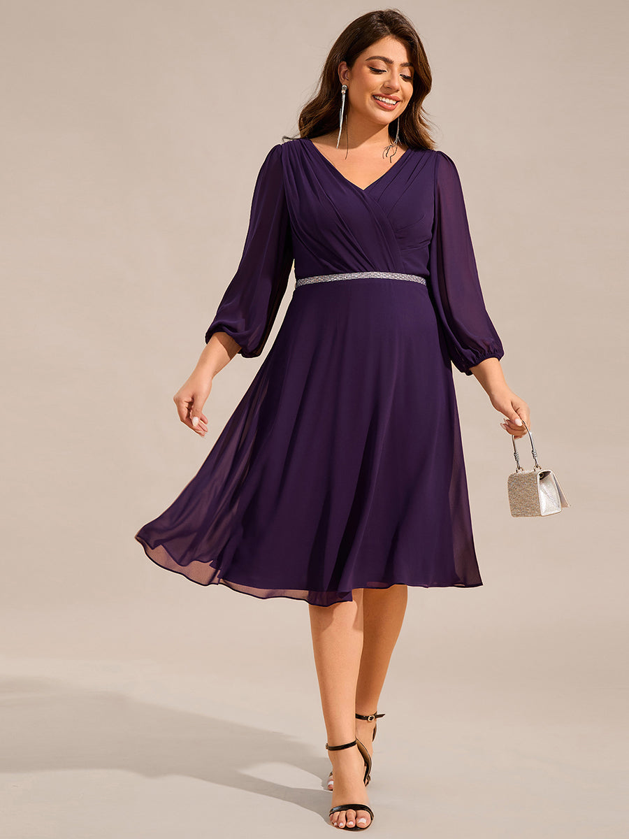 Color=Dark Purple | Plus Size Elegant Midi Length Long Lantern Sleeves Chiffon Wedding Guest Dresses-Dark Purple 6