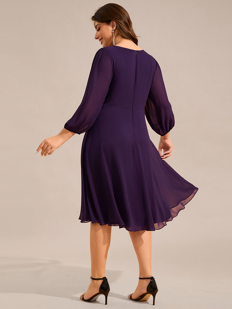 Color=Dark Purple | Plus Size Elegant Midi Length Long Lantern Sleeves Chiffon Wedding Guest Dresses-Dark Purple 7