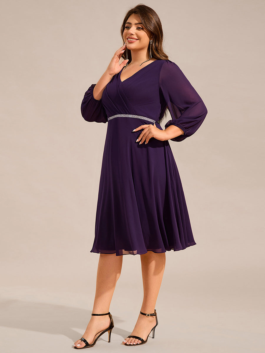 Color=Dark Purple | Plus Size Elegant Midi Length Long Lantern Sleeves Chiffon Wedding Guest Dresses-Dark Purple 9