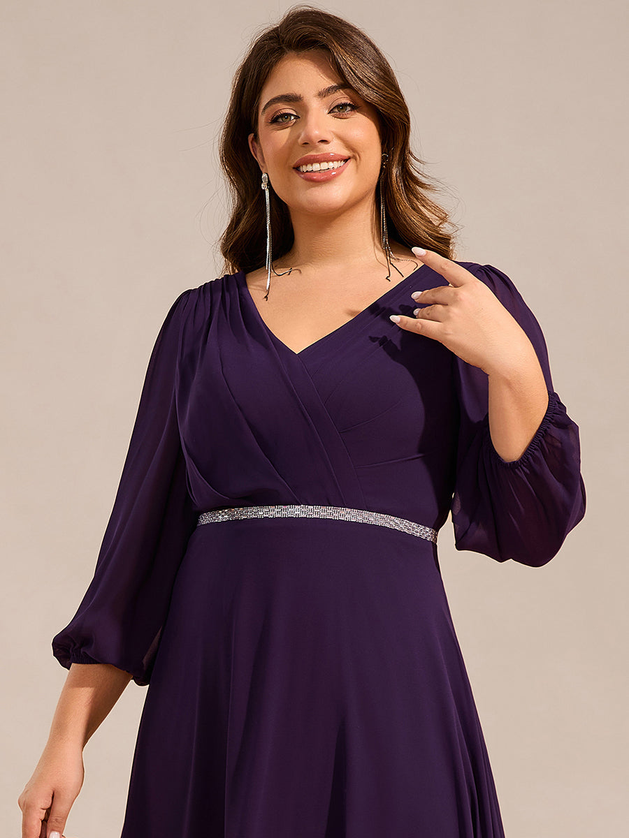 Color=Dark Purple | Plus Size Elegant Midi Length Long Lantern Sleeves Chiffon Wedding Guest Dresses-Dark Purple 10