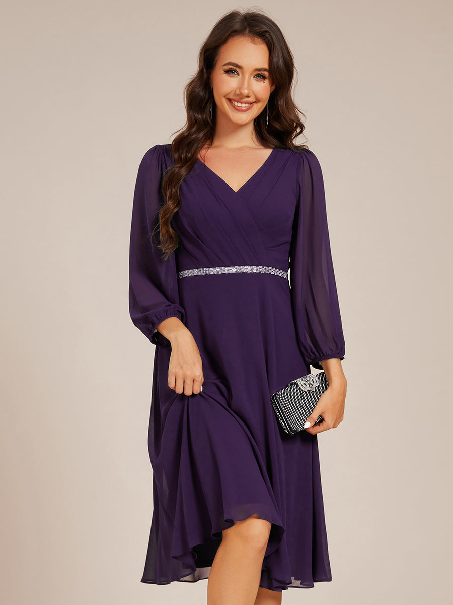 Color=Dark Purple | Elegant Midi Length Long Lantern Sleeves Chiffon Wedding Guest Dresses-Dark Purple 6