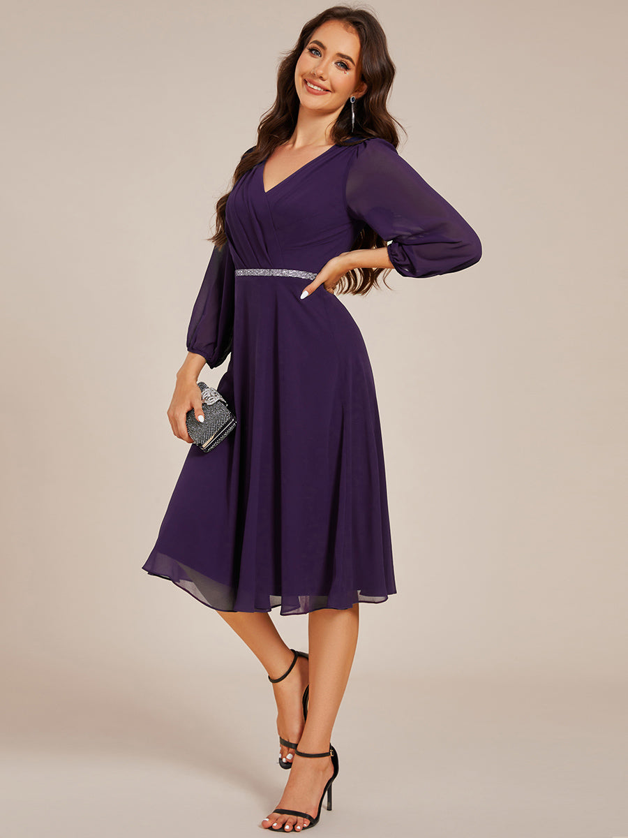 Color=Dark Purple | Elegant Midi Length Long Lantern Sleeves Chiffon Wedding Guest Dresses-Dark Purple 8