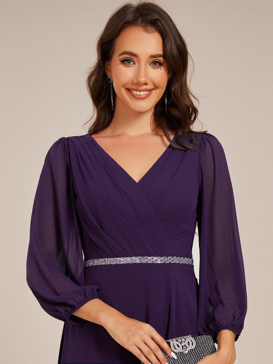 Color=Dark Purple | Elegant Midi Length Long Lantern Sleeves Chiffon Wedding Guest Dresses-Dark Purple 10