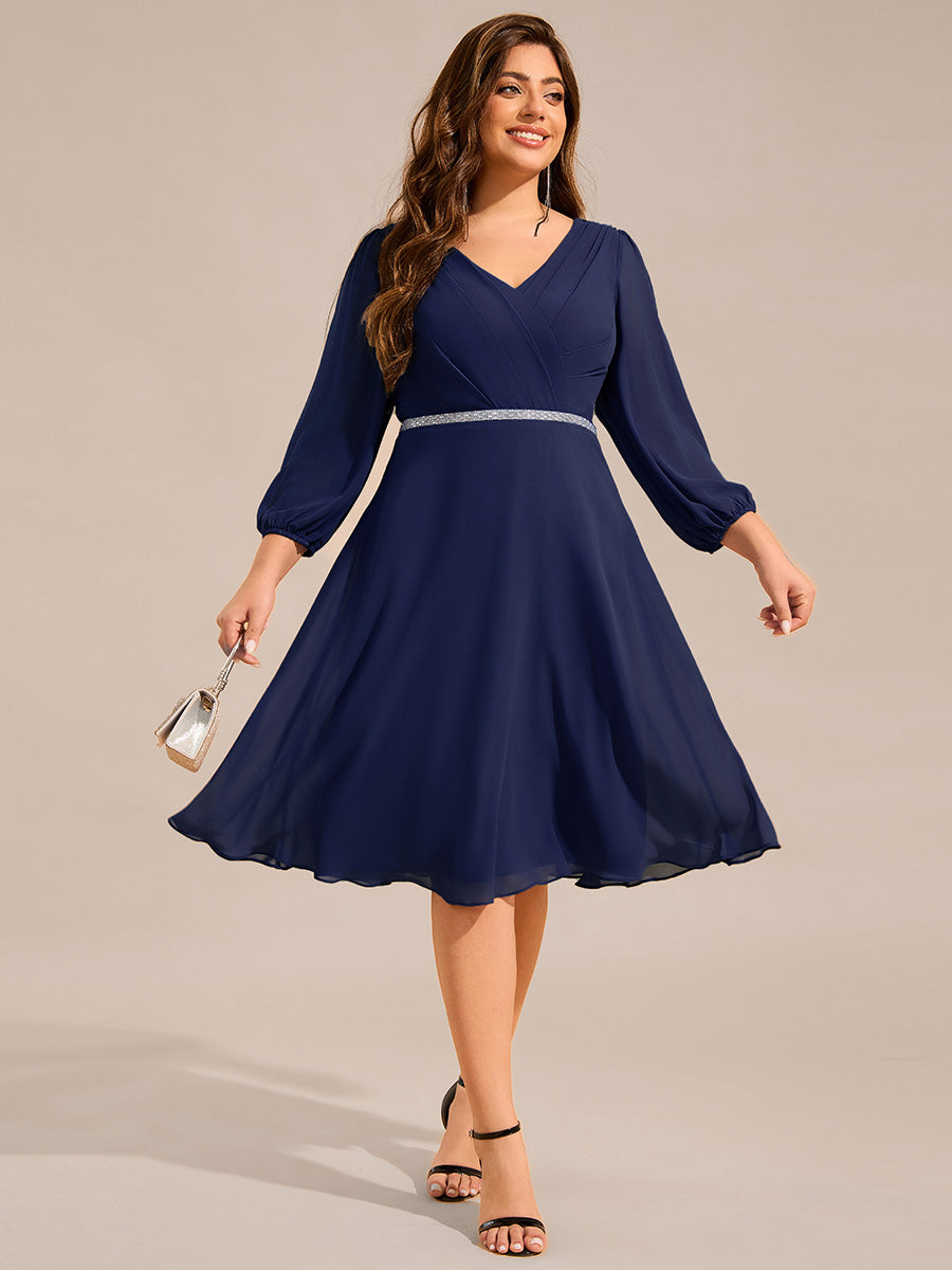 Color=Navy Blue | Plus Size Elegant Midi Length Long Lantern Sleeves Chiffon Wedding Guest Dresses-Navy Blue 11