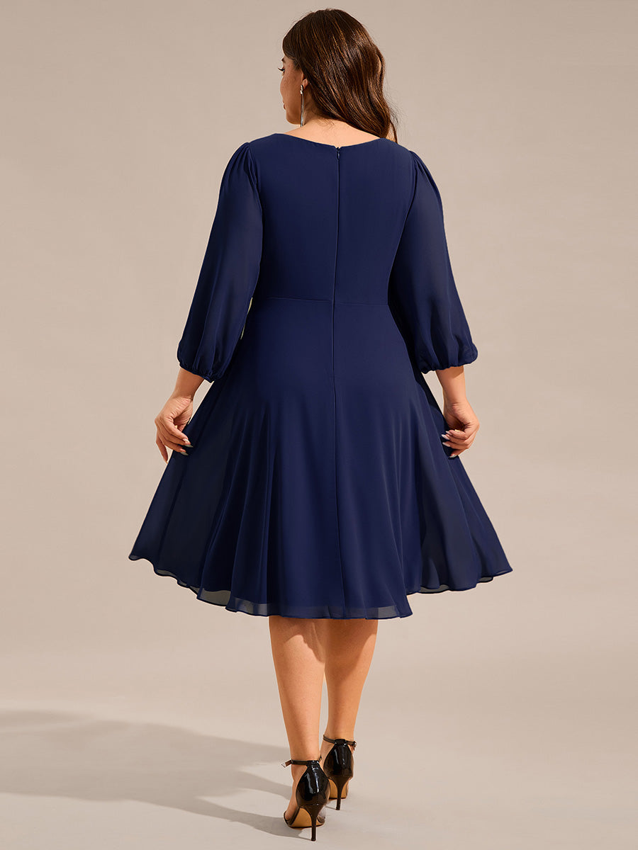 Color=Navy Blue | Plus Size Elegant Midi Length Long Lantern Sleeves Chiffon Wedding Guest Dresses-Navy Blue 12