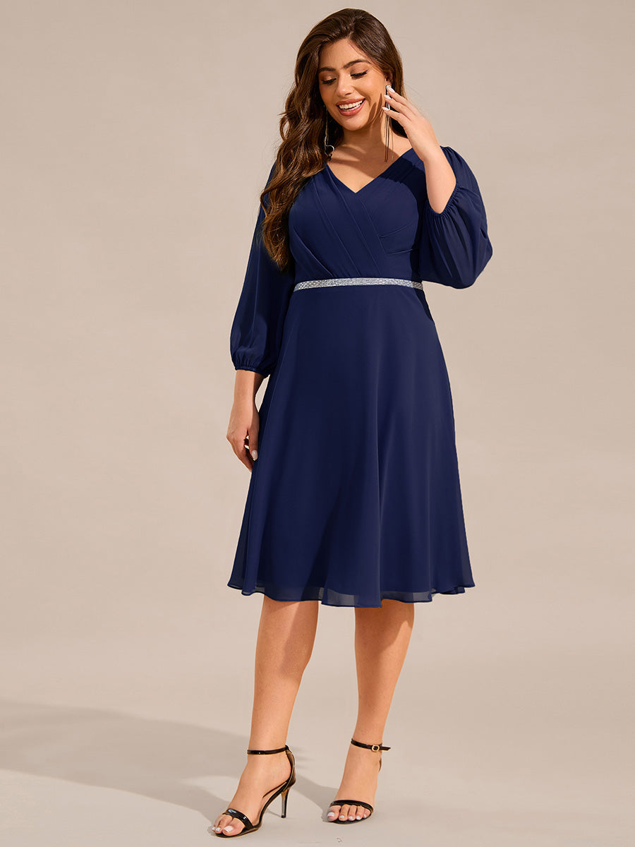 Color=Navy Blue | Plus Size Elegant Midi Length Long Lantern Sleeves Chiffon Wedding Guest Dresses-Navy Blue 13