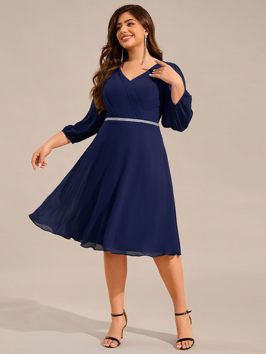 Color=Navy Blue | Plus Size Elegant Midi Length Long Lantern Sleeves Chiffon Wedding Guest Dresses-Navy Blue 14