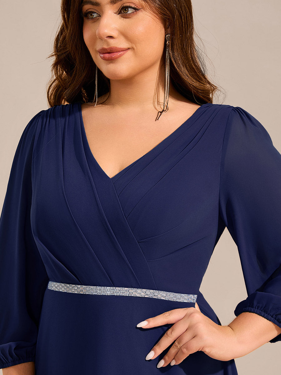 Color=Navy Blue | Plus Size Elegant Midi Length Long Lantern Sleeves Chiffon Wedding Guest Dresses-Navy Blue 15