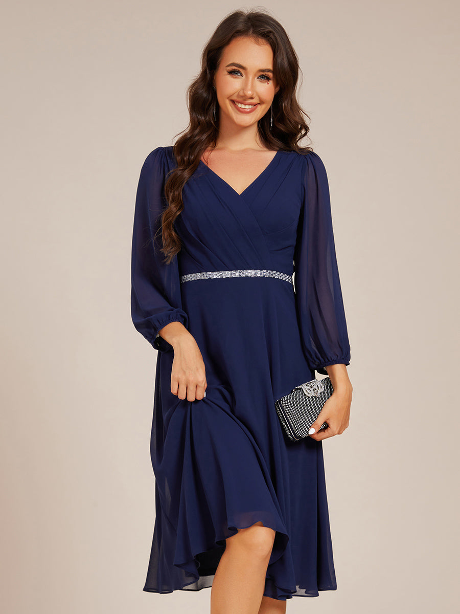 Color=Navy Blue | Elegant Midi Length Long Lantern Sleeves Chiffon Wedding Guest Dresses-Navy Blue 11