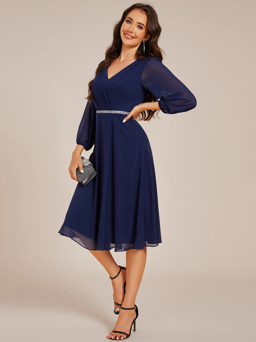 Color=Navy Blue | Elegant Midi Length Long Lantern Sleeves Chiffon Wedding Guest Dresses-Navy Blue 13