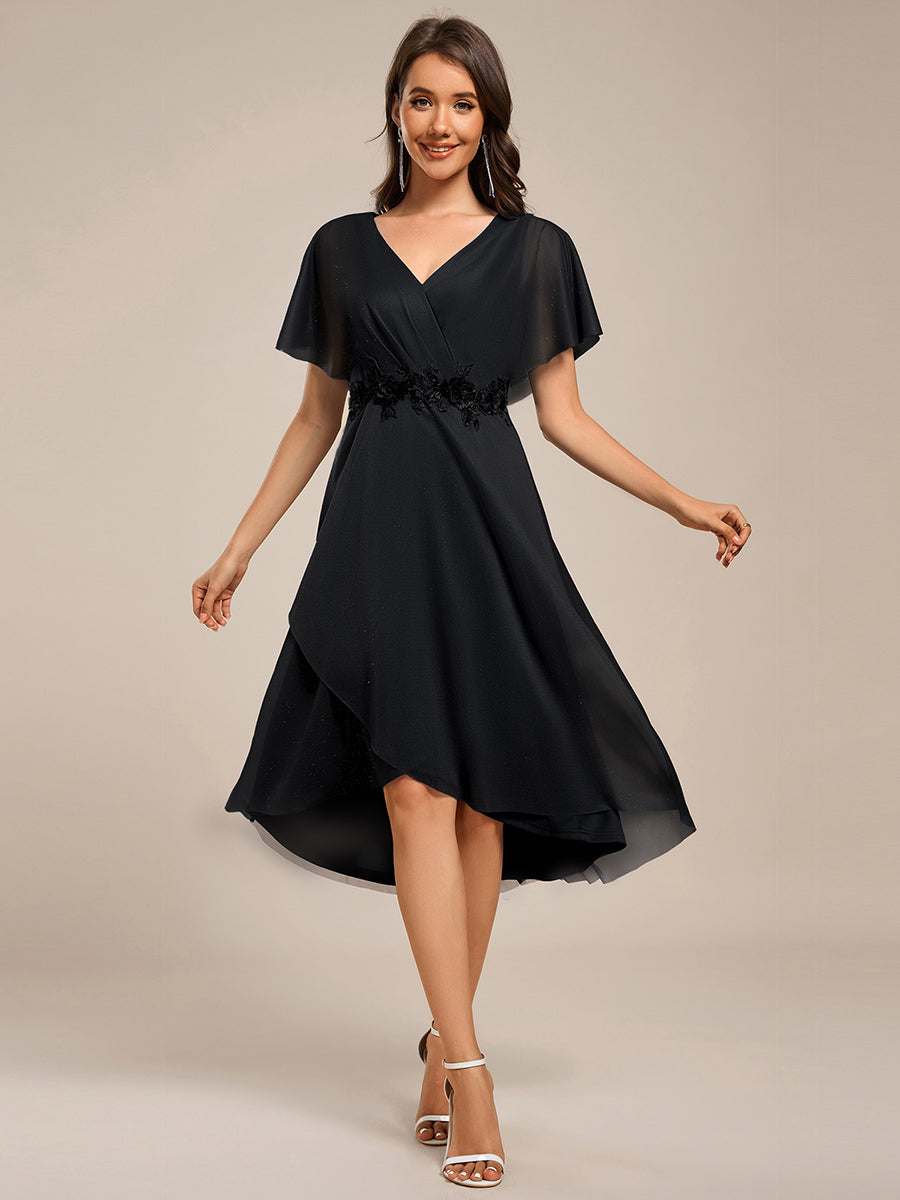 Color=Black | Shimmer Bat-wing Sleeve Asymmetrical Hem Wedding Guest Dresses-Black 1