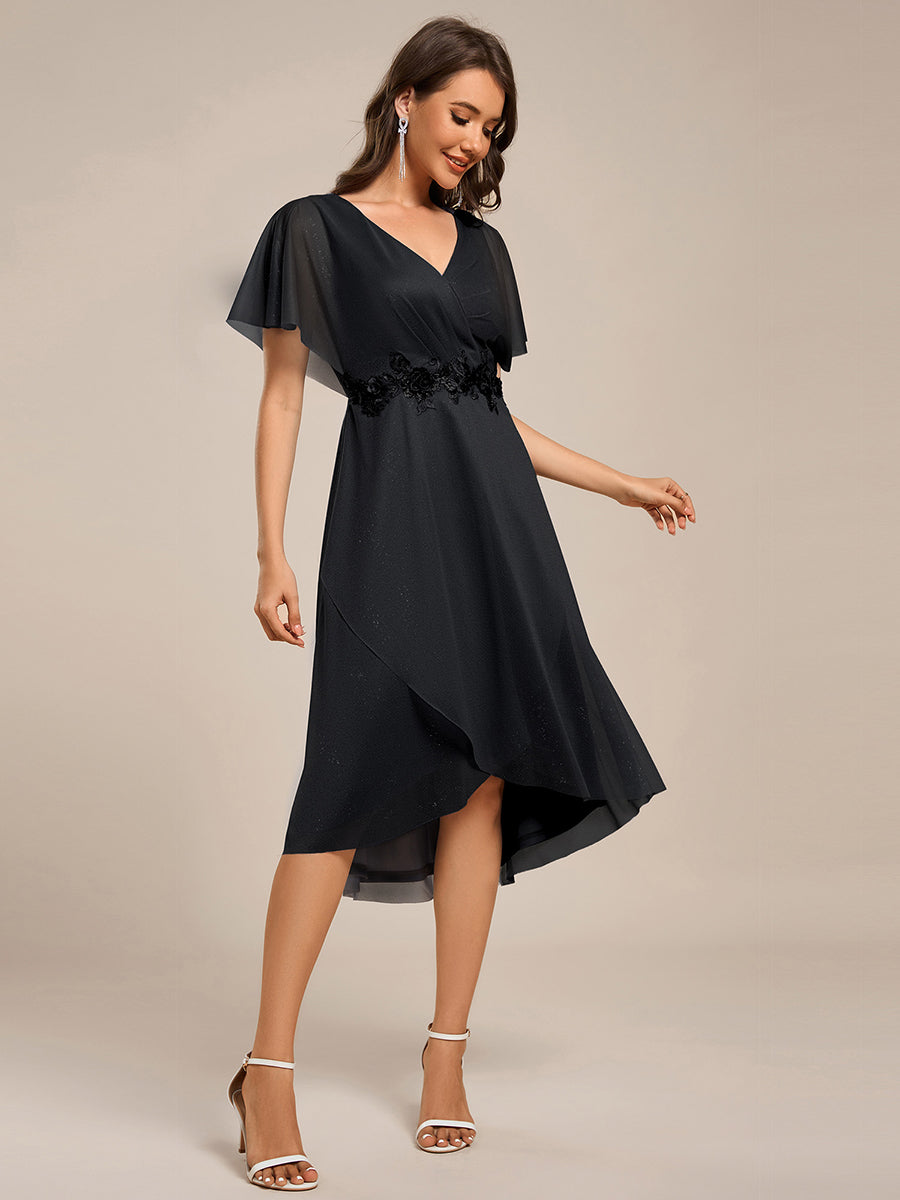 Color=Black | Shimmer Bat-wing Sleeve Asymmetrical Hem Wedding Guest Dresses-Black 4