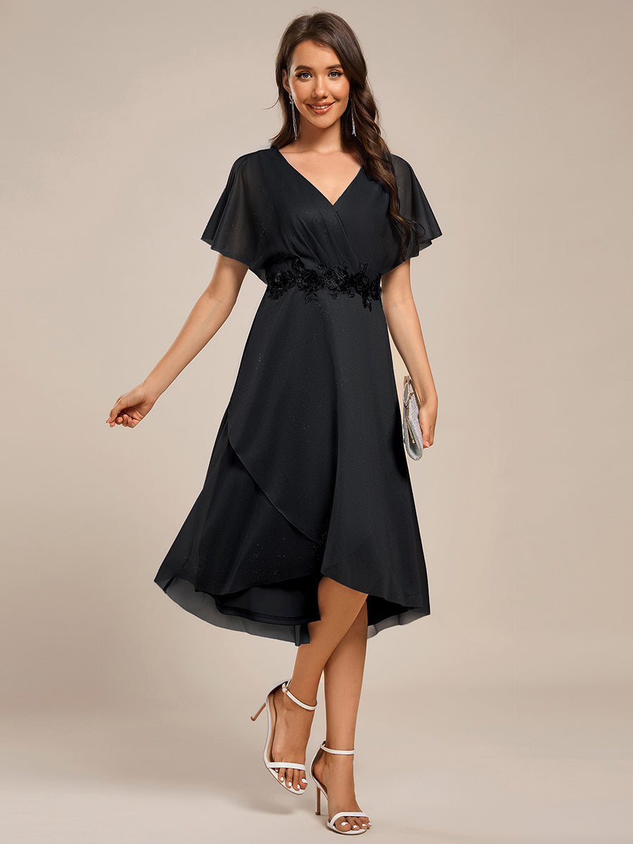 Color=Black | Shimmer Bat-wing Sleeve Asymmetrical Hem Wedding Guest Dresses-Black 5