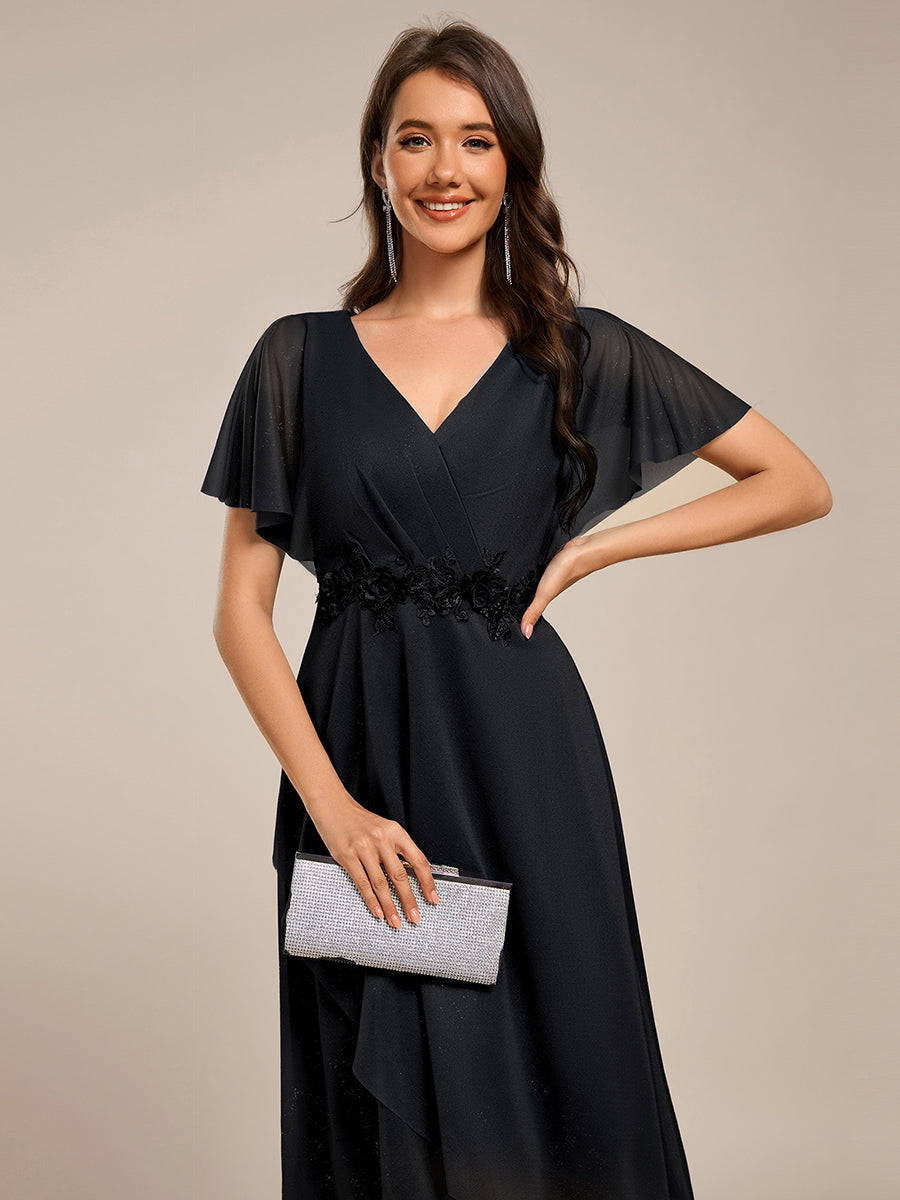 Color=Black | Shimmer Bat-wing Sleeve Asymmetrical Hem Wedding Guest Dresses-Black 3