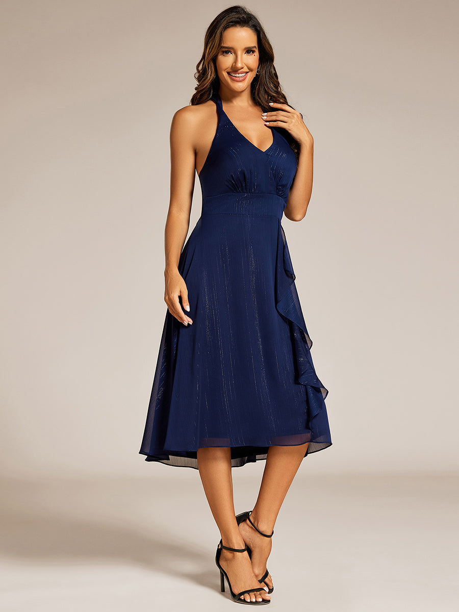 Color=Navy Blue | Elegant Halter Neckline Midi Length Shimmer Chiffon Wedding Guest Dresses with Lotus Leaf Asymmetrical Hem-Navy Blue 12