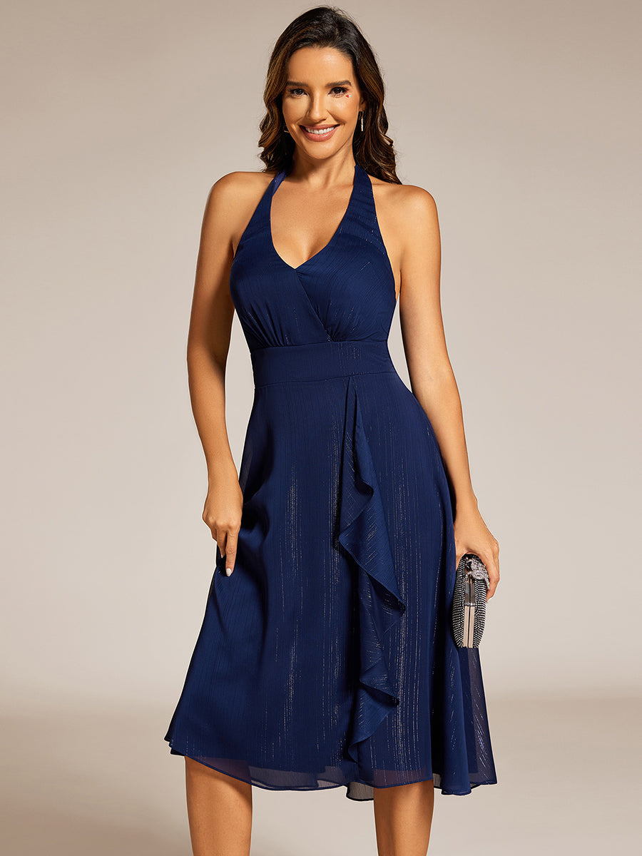 Color=Navy Blue | Elegant Halter Neckline Midi Length Shimmer Chiffon Wedding Guest Dresses with Lotus Leaf Asymmetrical Hem-Navy Blue 13