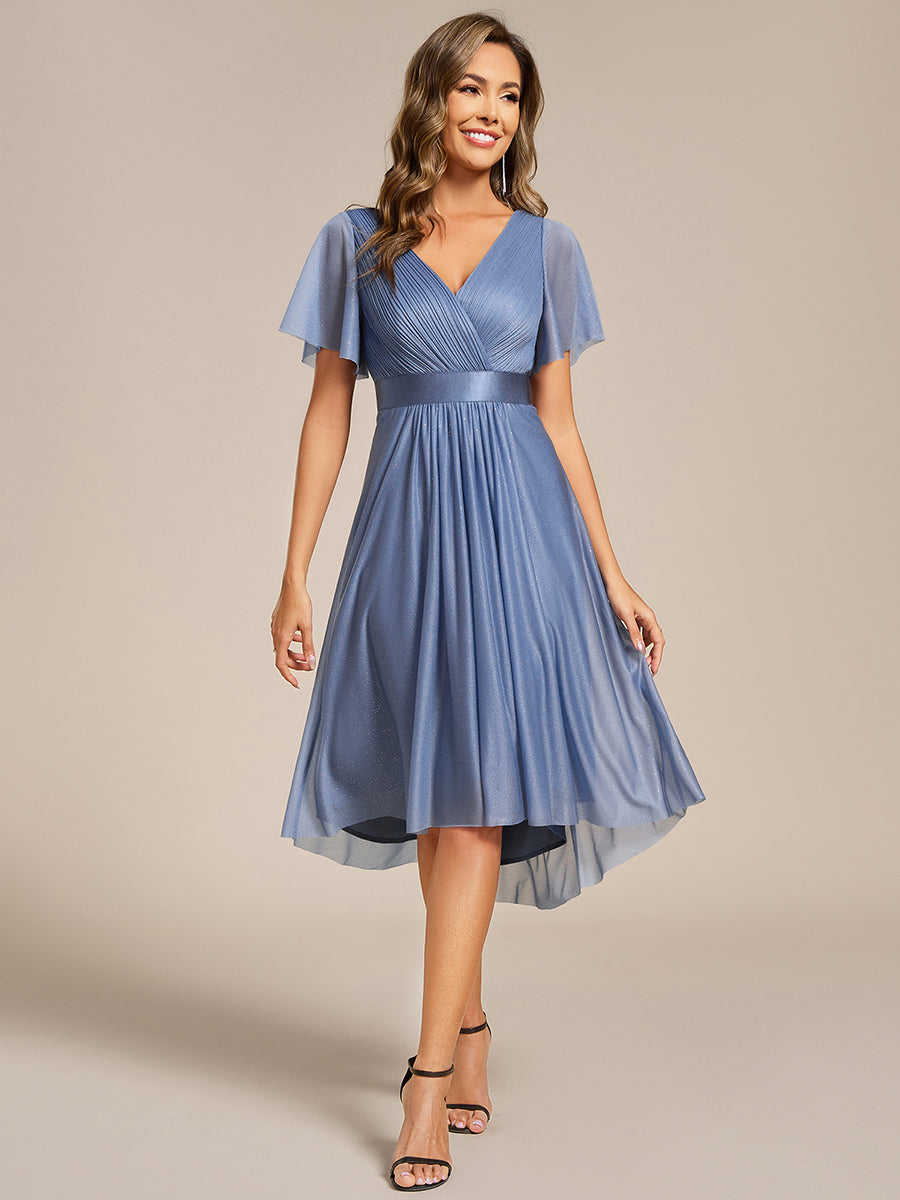 Color=Dusty Blue | Elegant Ruffles Sleeve Pleated Wedding Guest Shimmer Dresseswith Asymmetrical Hem-Dusty Blue 1