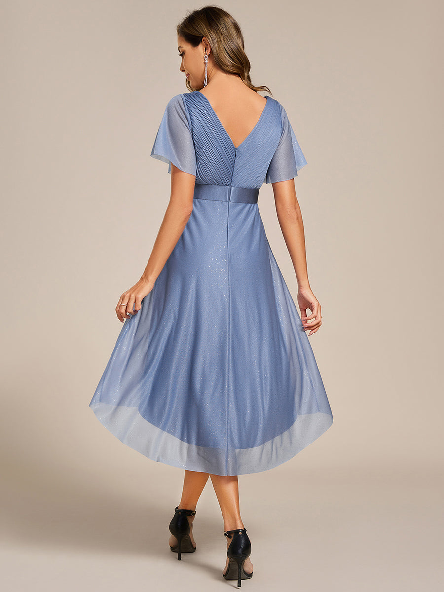 Color=Dusty Blue | Elegant Ruffles Sleeve Pleated Wedding Guest Shimmer Dresseswith Asymmetrical Hem-Dusty Blue 2