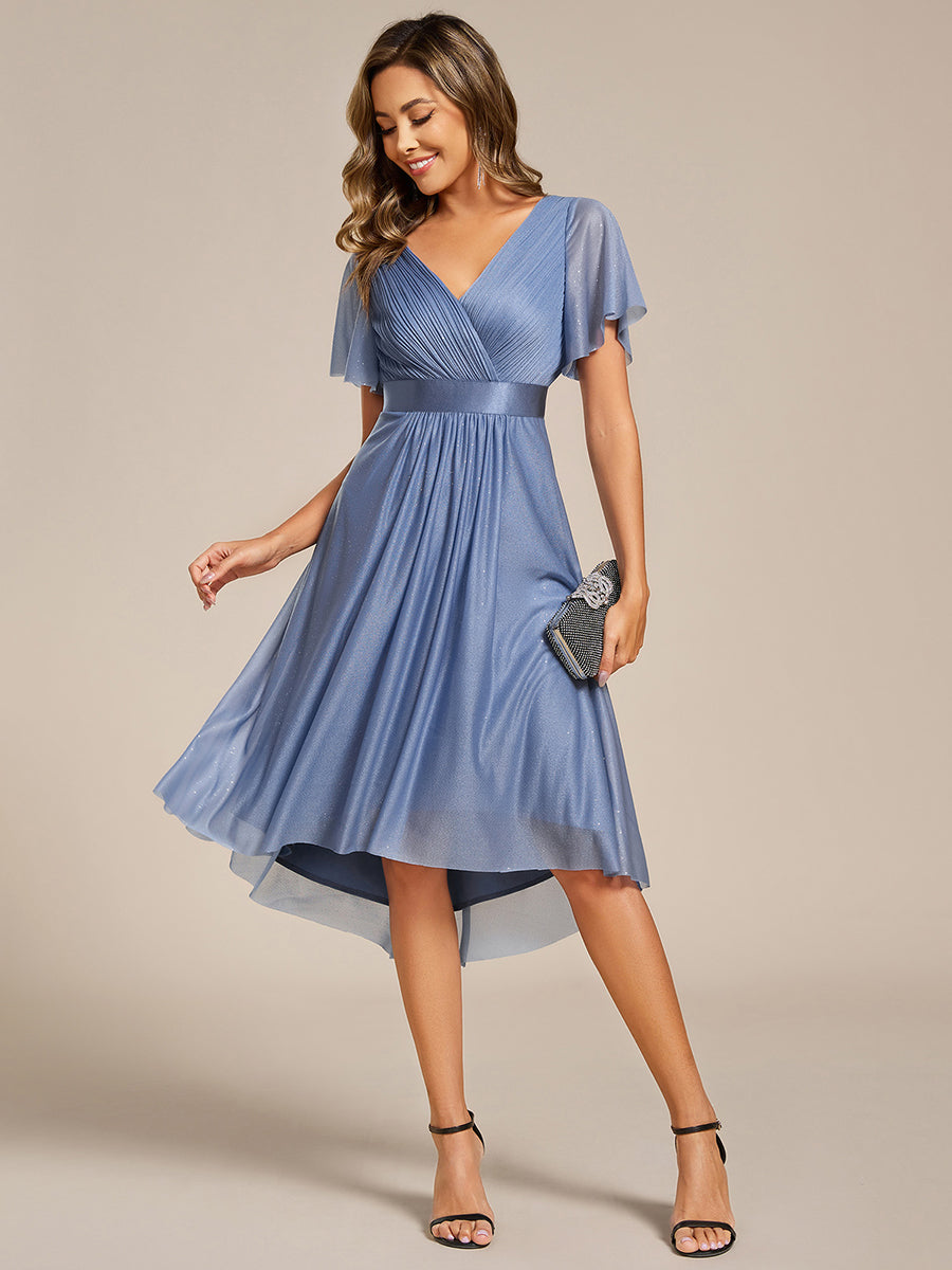 Color=Dusty Blue | Elegant Ruffles Sleeve Pleated Wedding Guest Shimmer Dresseswith Asymmetrical Hem-Dusty Blue 5