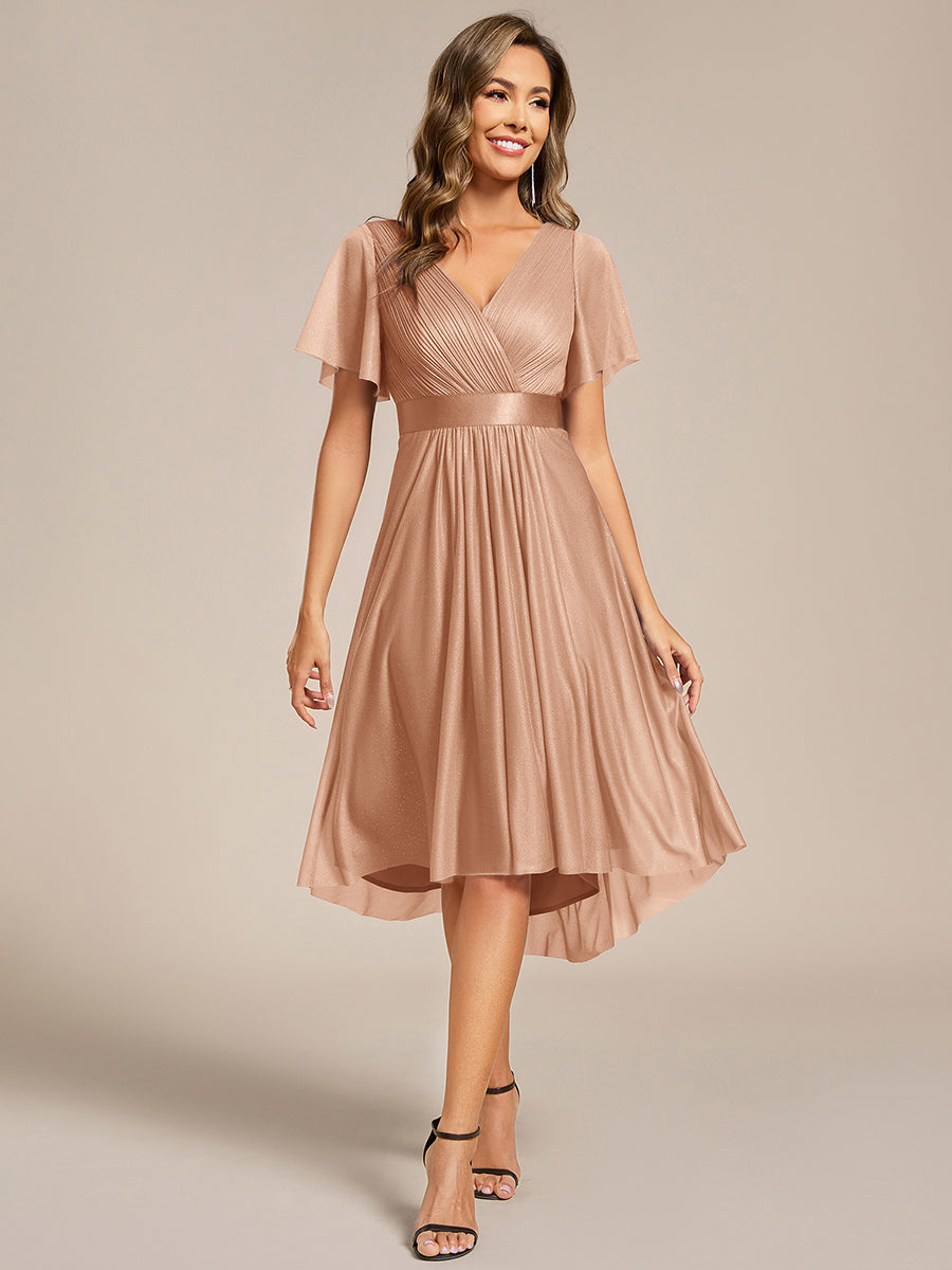 Color=Rose Gold | Elegant Ruffles Sleeve Pleated Wedding Guest Shimmer Dresseswith Asymmetrical Hem-Rose Gold 6