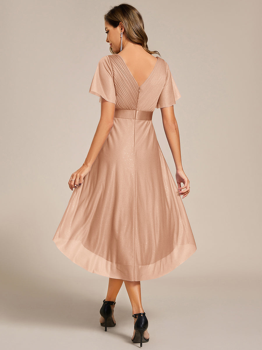 Color=Rose Gold | Elegant Ruffles Sleeve Pleated Wedding Guest Shimmer Dresseswith Asymmetrical Hem-Rose Gold 7