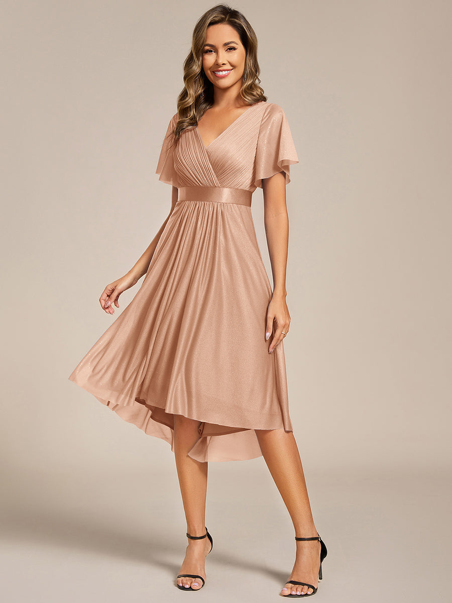 Color=Rose Gold | Elegant Ruffles Sleeve Pleated Wedding Guest Shimmer Dresseswith Asymmetrical Hem-Rose Gold 9