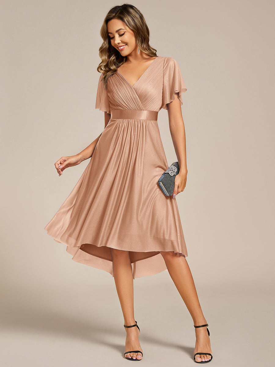 Color=Rose Gold | Elegant Ruffles Sleeve Pleated Wedding Guest Shimmer Dresseswith Asymmetrical Hem-Rose Gold 10