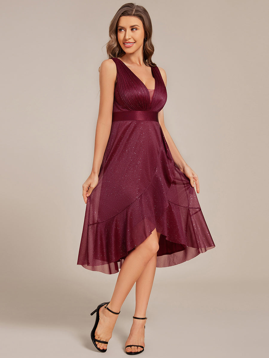 Color=Burgundy | Strapless V-Neck See-Through Shimmer Dress with Asymmetrical Hem Wedding Guest Dress-Burgundy 4