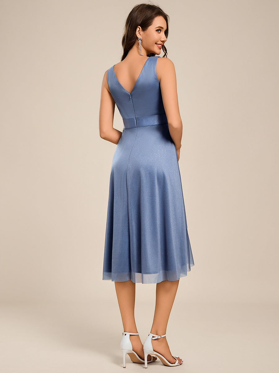 Color=Dusty Blue | Strapless V-Neck See-Through Shimmer Dress with Asymmetrical Hem Wedding Guest Dress-Dusty Blue 7