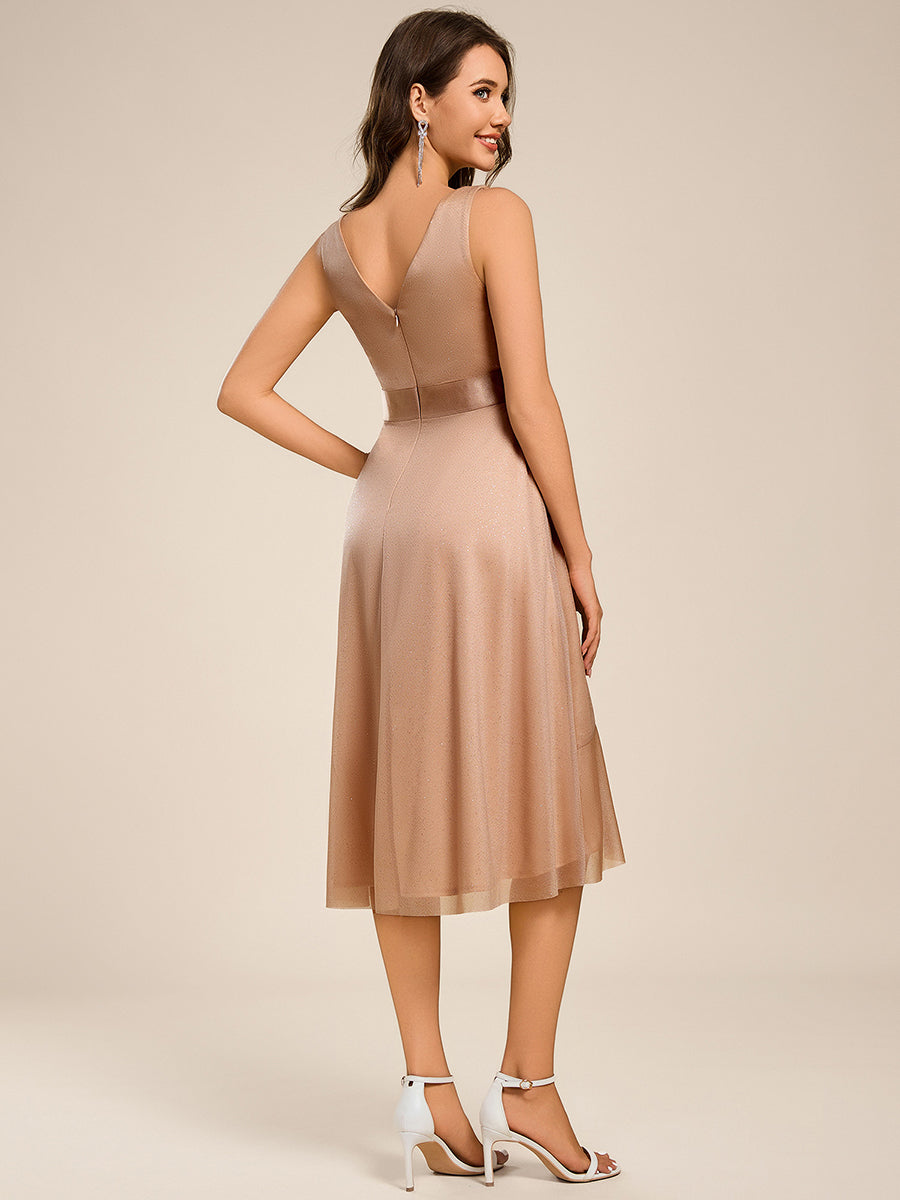 Color=Rose Gold | Strapless V-Neck See-Through Shimmer Dress with Asymmetrical Hem Wedding Guest Dress-Rose Gold 12