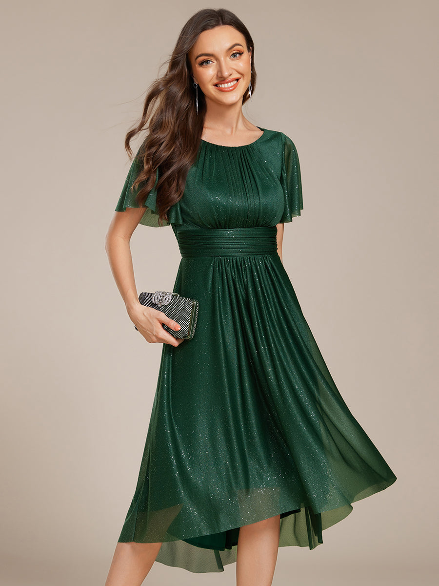 Color=Dark Green | Short Sleeves Pleated Ruffle Round Neck Asymmetrical Midi Wedding Guest Dress-Dark Green 6