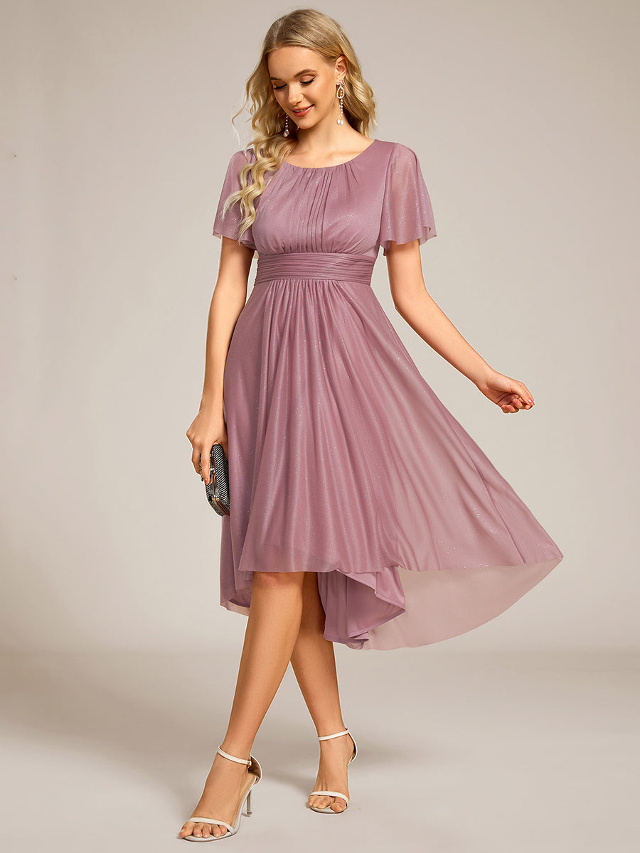 Color=Orchid | Short Sleeves Pleated Ruffle Round Neck Asymmetrical Midi Wedding Guest Dress-Orchid 16