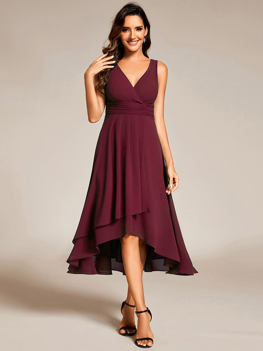 Color=Burgundy | Graceful Asymmetric A-Line Pleated Empire Waist Chiffon Dresses V Neck Strapless Wedding Guest Dress-Burgundy 6