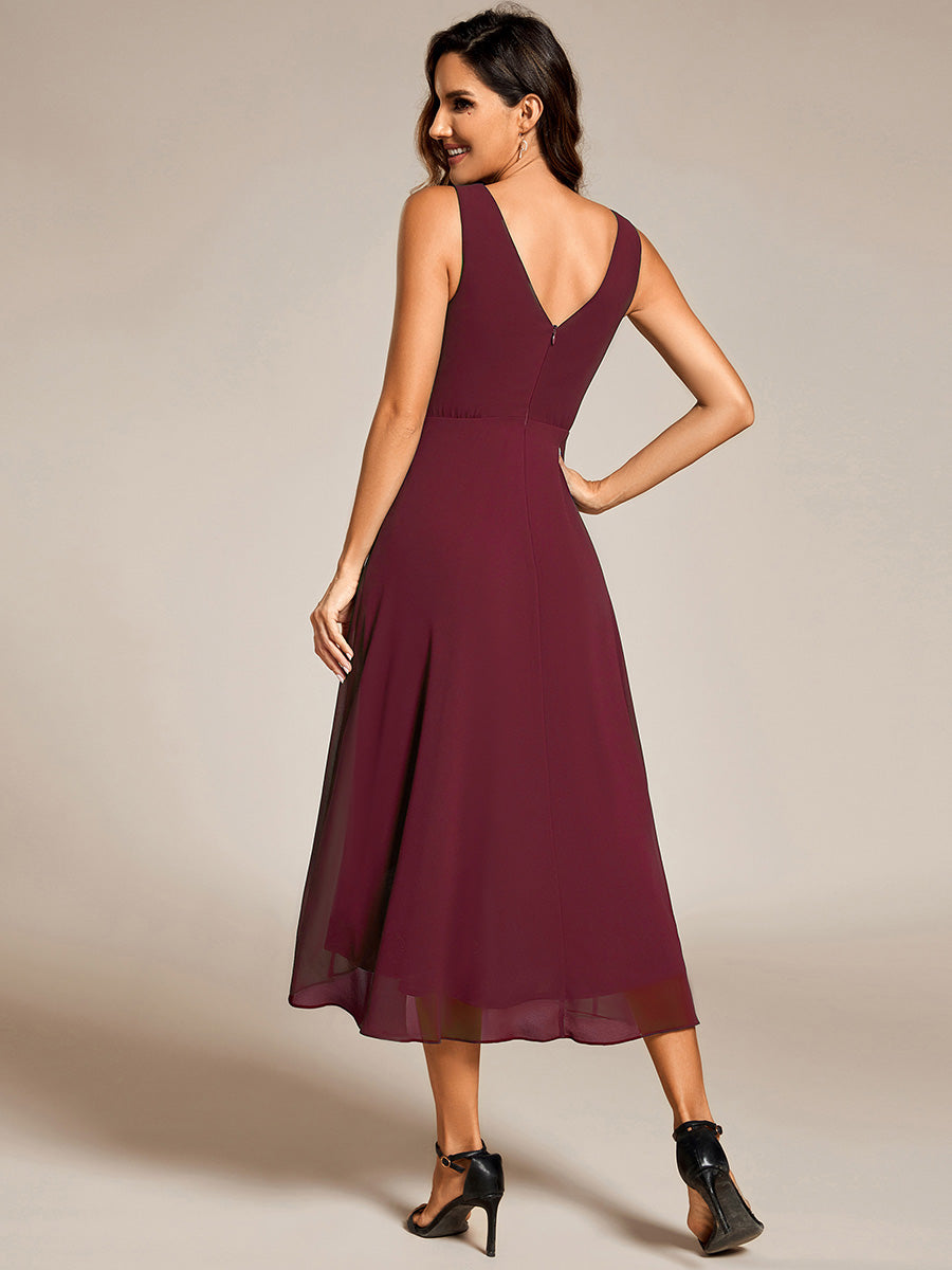 Color=Burgundy | Graceful Asymmetric A-Line Pleated Empire Waist Chiffon Dresses V Neck Strapless Wedding Guest Dress-Burgundy 7