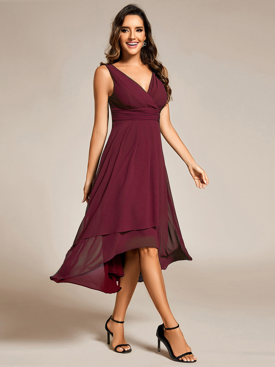 Color=Burgundy | Graceful Asymmetric A-Line Pleated Empire Waist Chiffon Dresses V Neck Strapless Wedding Guest Dress-Burgundy 8