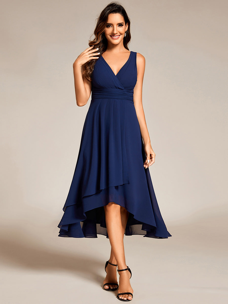 Color=Navy Blue | Graceful Asymmetric A-Line Pleated Empire Waist Chiffon Dresses V Neck Strapless Wedding Guest Dress-Navy Blue 16