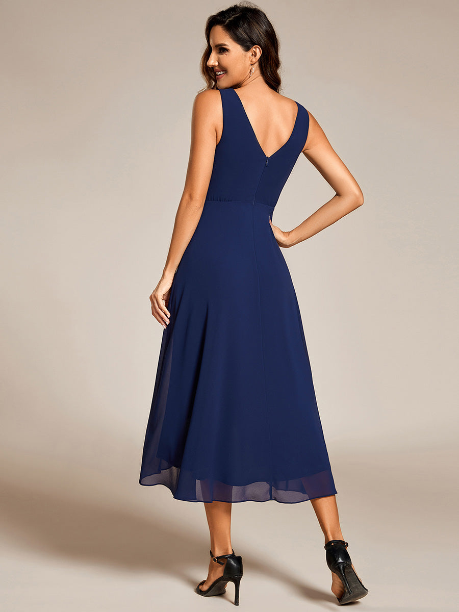 Color=Navy Blue | Graceful Asymmetric A-Line Pleated Empire Waist Chiffon Dresses V Neck Strapless Wedding Guest Dress-Navy Blue 17