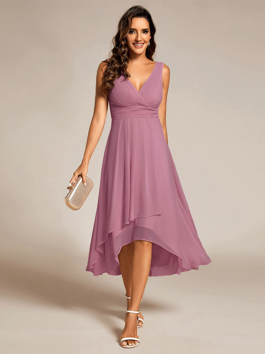 Color=Orchid | Graceful Asymmetric A-Line Pleated Empire Waist Chiffon Dresses V Neck Strapless Wedding Guest Dress-Orchid 21