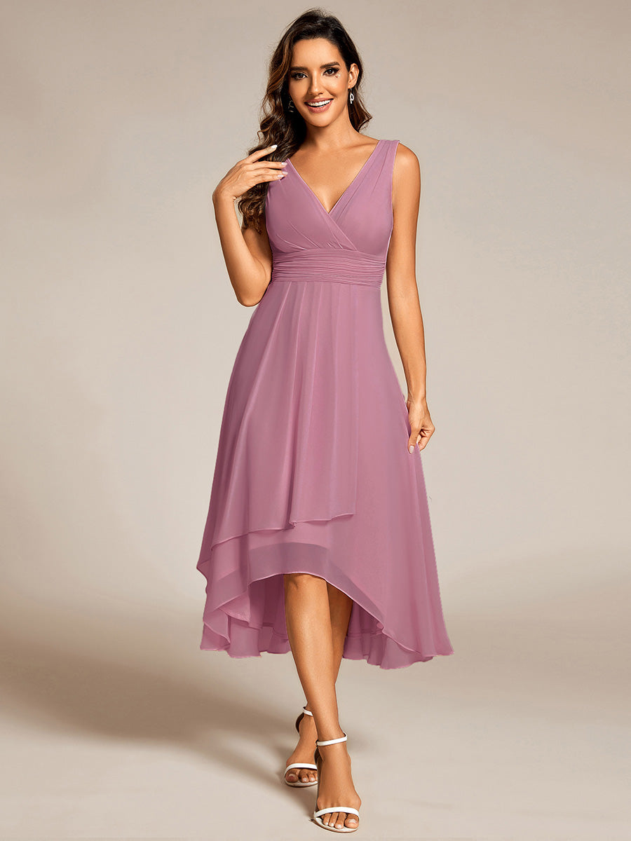 Color=Orchid | Graceful Asymmetric A-Line Pleated Empire Waist Chiffon Dresses V Neck Strapless Wedding Guest Dress-Orchid 24