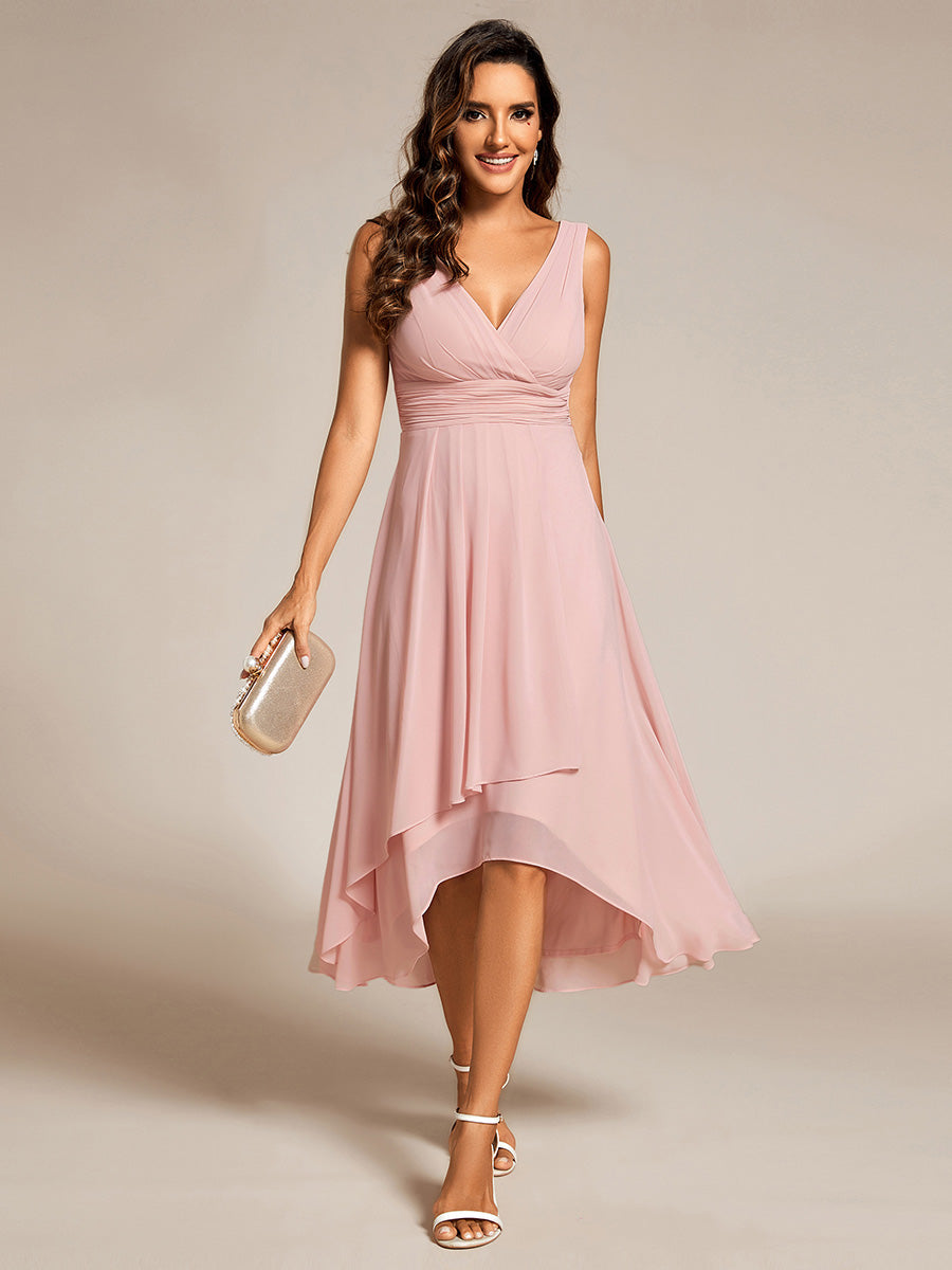 Color=Pink | Graceful Asymmetric A-Line Pleated Empire Waist Chiffon Dresses V Neck Strapless Wedding Guest Dress-Pink 26