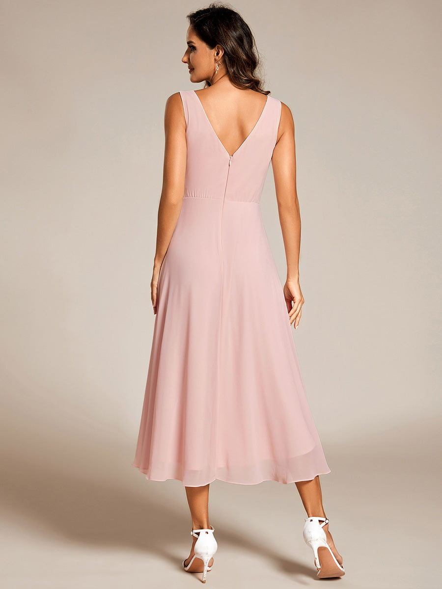 Color=Pink | Graceful Asymmetric A-Line Pleated Empire Waist Chiffon Dresses V Neck Strapless Wedding Guest Dress-Pink 27