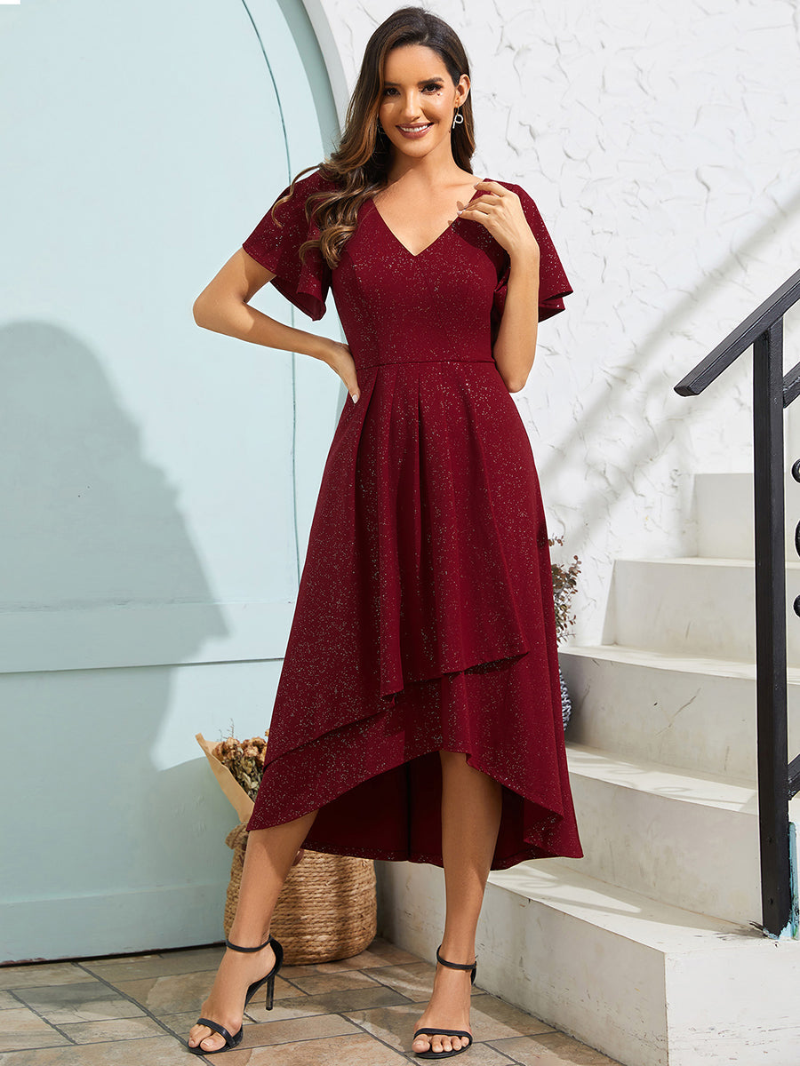 Color=Burgundy | Exquisite V Neck Ruffles Sleeve High Stretch Satin Sequin Dresses with Asymmetrical Hem-Burgundy 1