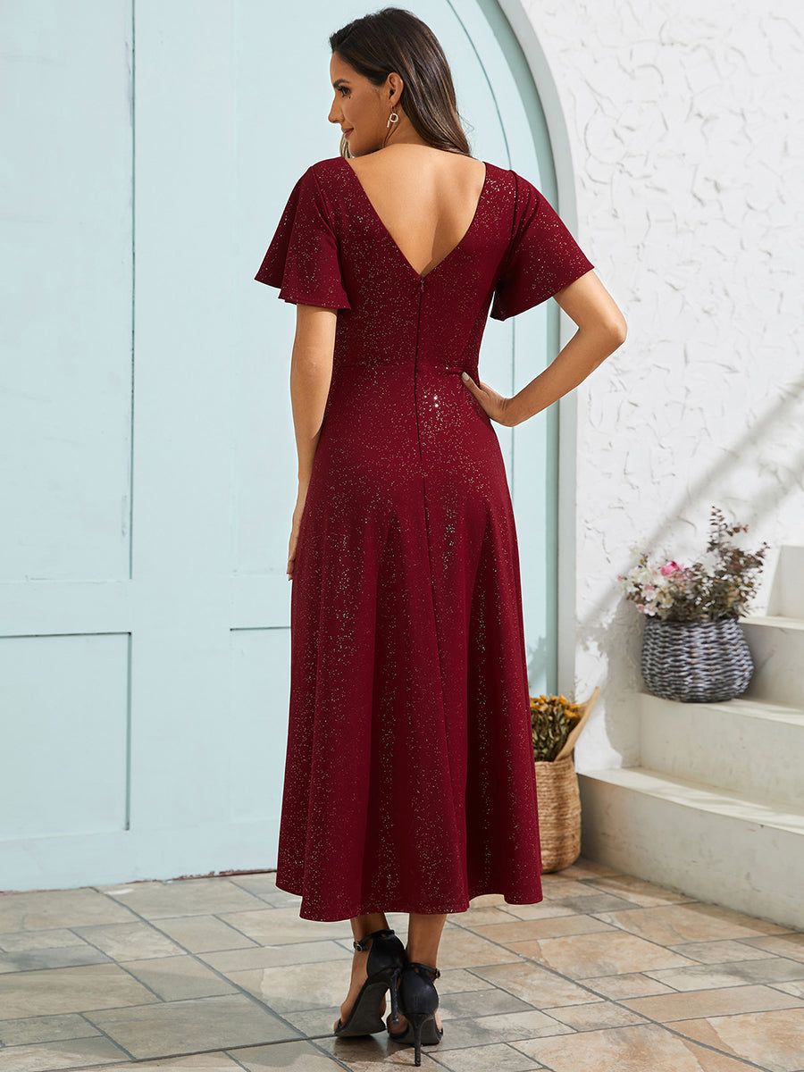 Color=Burgundy | Exquisite V Neck Ruffles Sleeve High Stretch Satin Sequin Dresses with Asymmetrical Hem-Burgundy 2