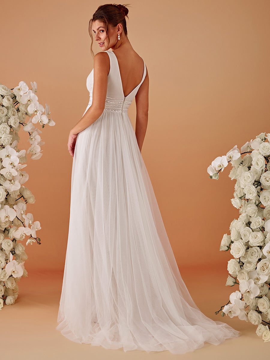 Color=Ivory | Backless A Line Sleeveless Wholesale Wedding Dresses with Deep V Neck-Ivory 2