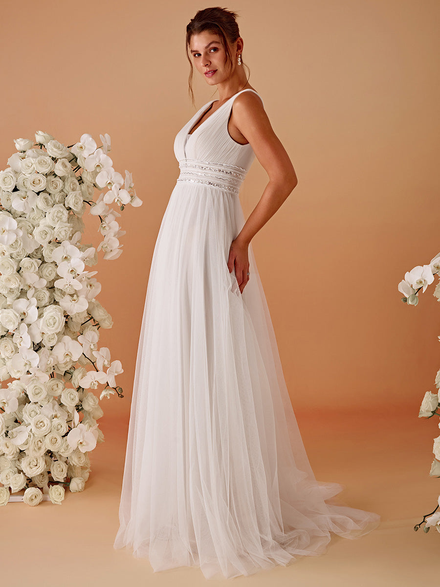 Color=Ivory | Backless A Line Sleeveless Wholesale Wedding Dresses with Deep V Neck-Ivory 3