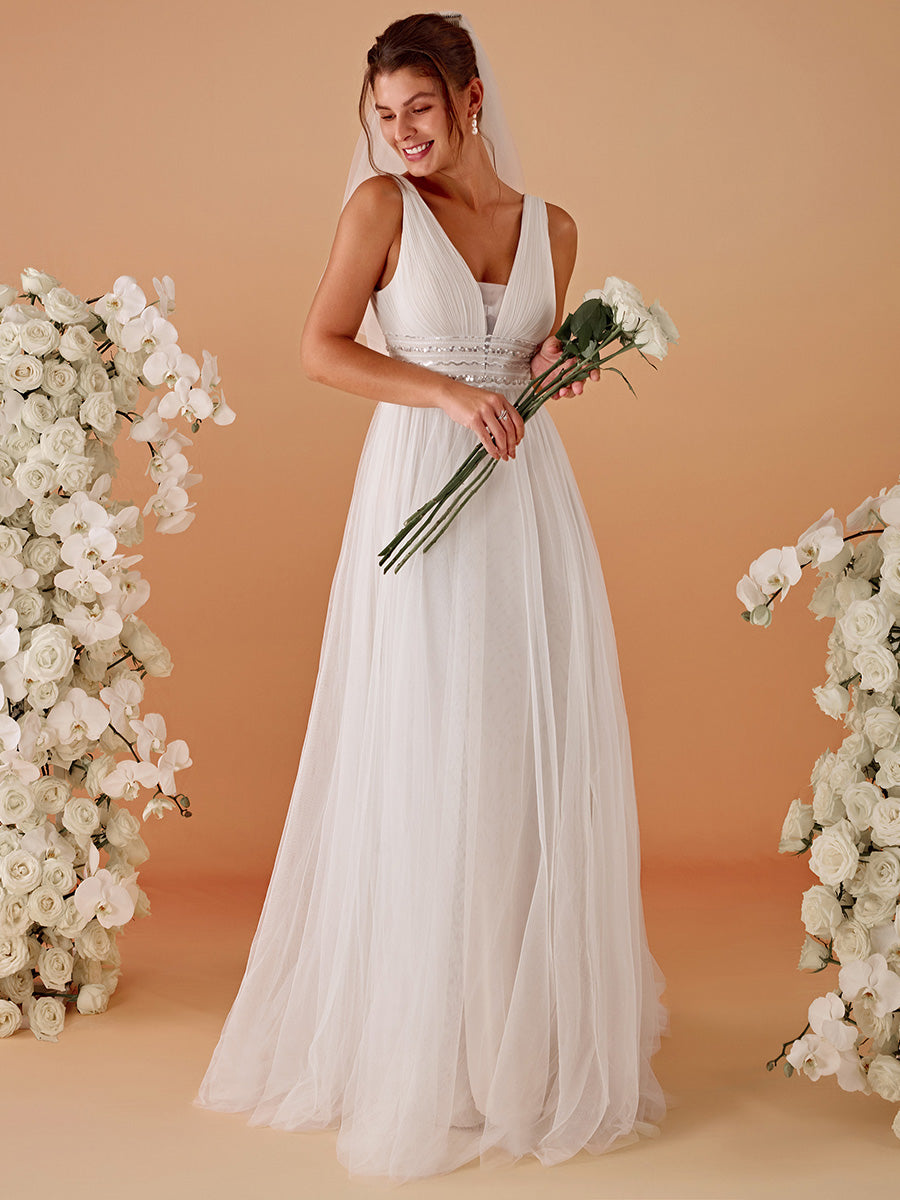 Color=Ivory | Backless A Line Sleeveless Wholesale Wedding Dresses with Deep V Neck-Ivory 4