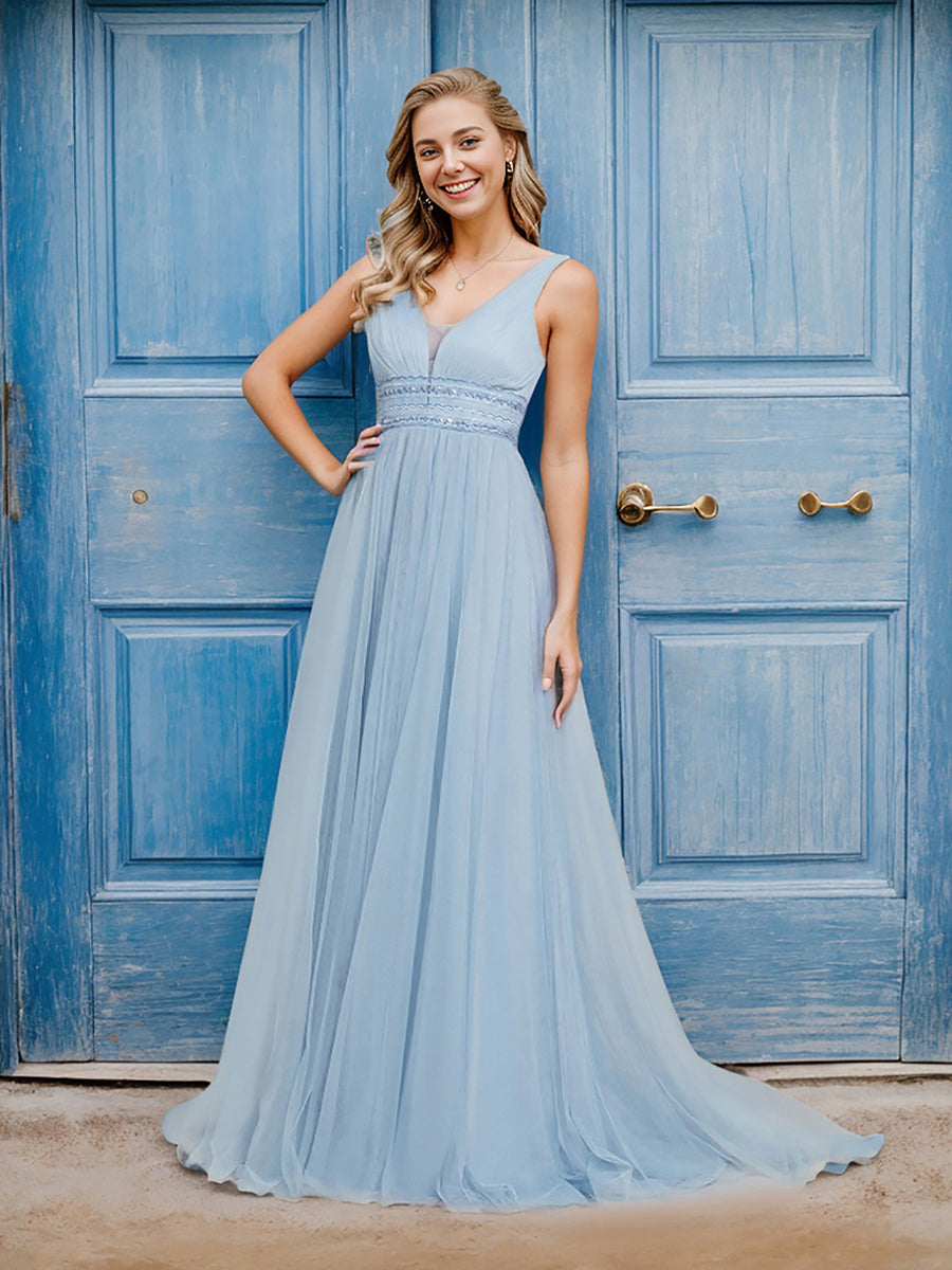 Color=Light Blue | Backless A Line Sleeveless Wholesale Wedding Dresses with Deep V Neck-Light Blue  3