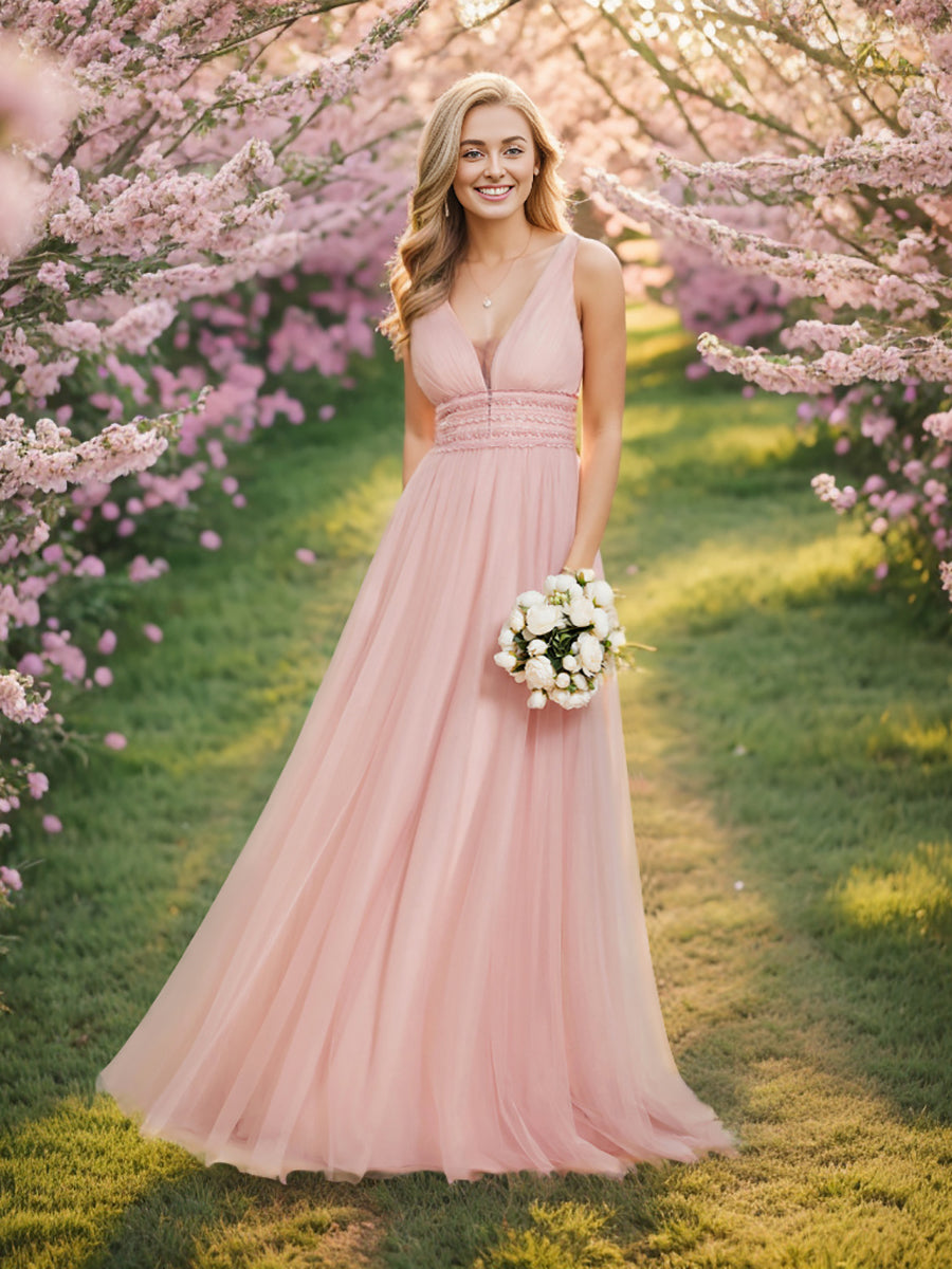 Color=Pink  | Backless A Line Sleeveless Wholesale Wedding Dresses with Deep V Neck-Pink  1